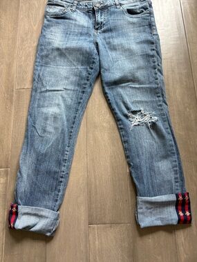 Kut from the Kloth Light Blue Distressed Boyfriend Jeans with Striped Cuff